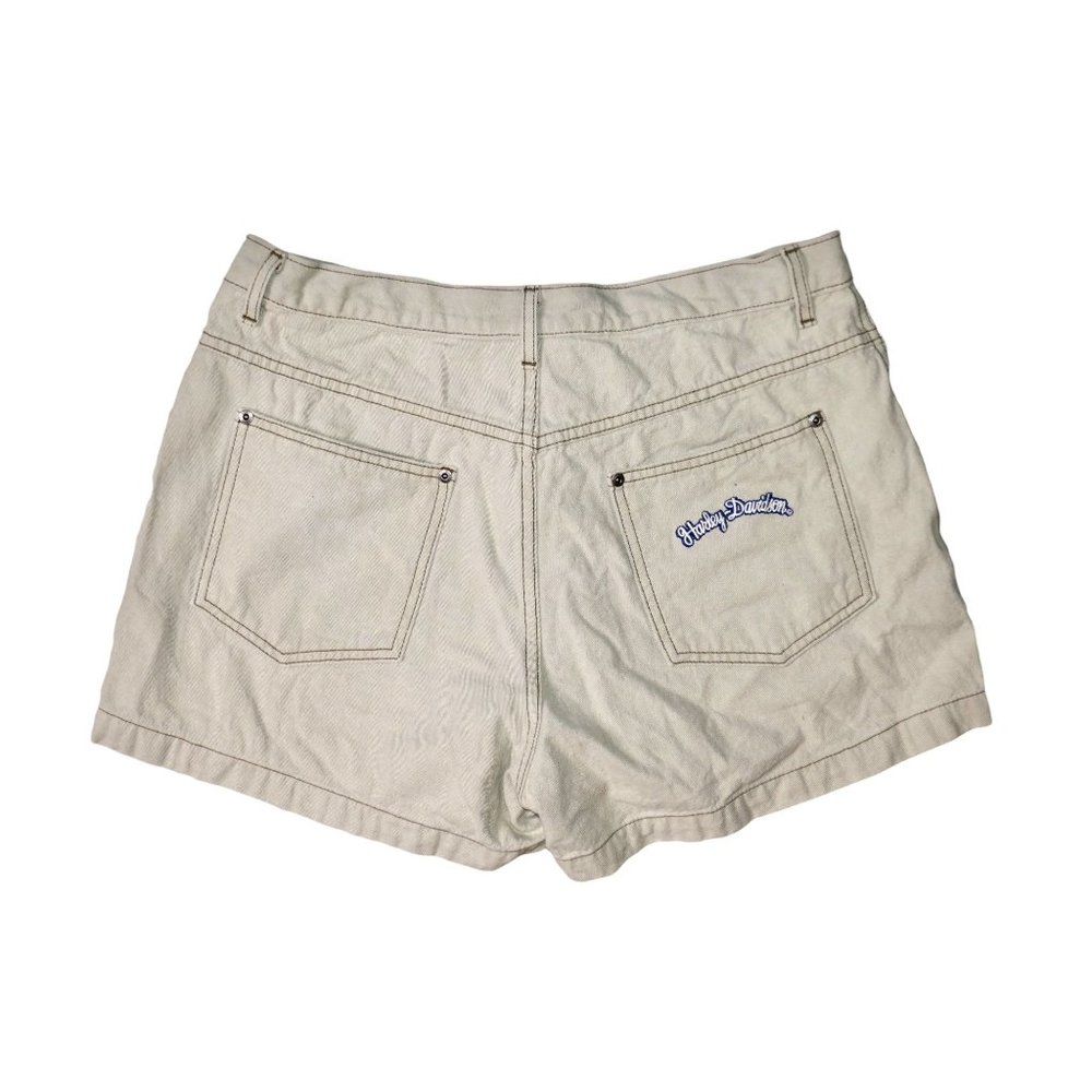 Womens Harley Davidson Light Tan Denim Shorts Y2K Size 16 Pocket Embroidered - Picture 2 of 8
